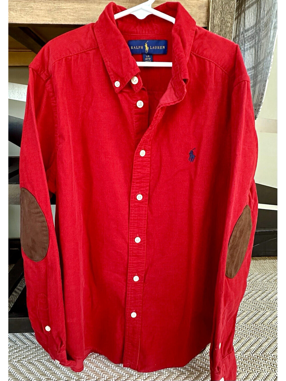 Ralph Lauren Boys Red Corduroy Button-Down Long Sleeve Shirt Elbow Patches 14-16